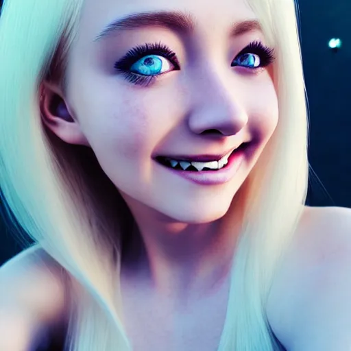 Image similar to beautiful hyperrealism selfie of a cute 3 d anime young woman smiling smugly, long light platinum blonde hair, flushed face, heart - shaped face, cute freckles, light blue eyes, golden hour, 8 k, instagram