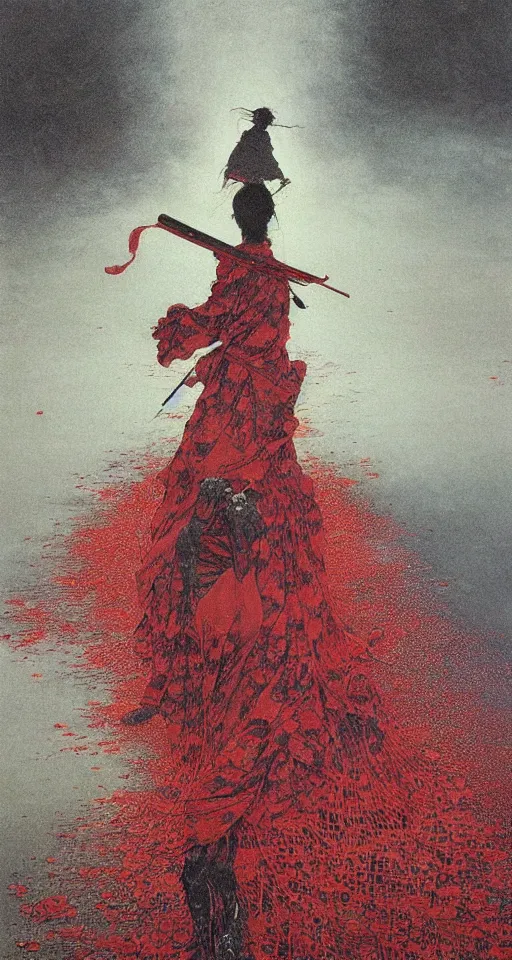 Image similar to Japanese schoolgirl runs away from Samurai with a katana on the subway, high detailed Beksinski painting, part by Adrian Ghenie and Gerhard Richter. art by Takato Yamamoto. masterpiece, deep colours, red