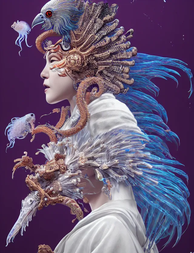 Image similar to 3 d goddess in robe close - up profile portrait with ram skull. beautiful intricately detailed japanese crow kitsune mask and clasical japanese kimono. betta fish, jellyfish phoenix, bio luminescent, plasma, ice, water, wind, creature, artwork by tooth wu and wlop and beeple and greg rutkowski