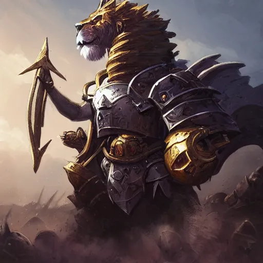 Image similar to heavy armored knight with the head of a lion, epic fantasy style, in the style of Greg Rutkowski, hearthstone artwork