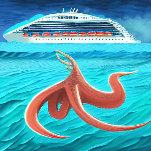 Image similar to A giant squid destroying a cruise ship in the middle of the ocean, digital art