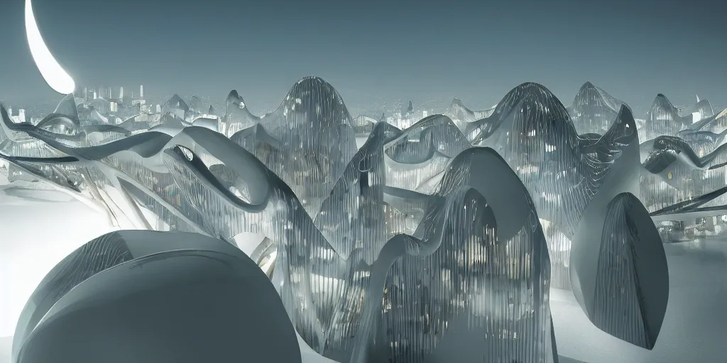 Prompt: fantasy city with moon by zaha Hadid trending on artsation