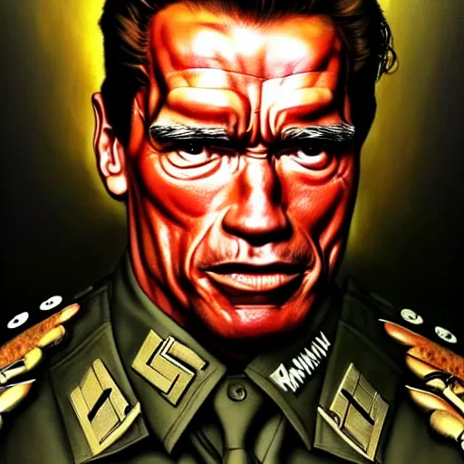 Prompt: uhd photorealistic arnold schwarzenegger in nazi uniform, by amano, ayami kojima, greg rutkowski, lisa frank, mark brooks, and karol bak, masterpiece, cinematic composition, dramatic pose, studio lighting, correct face, hyperdetailed, intricate details