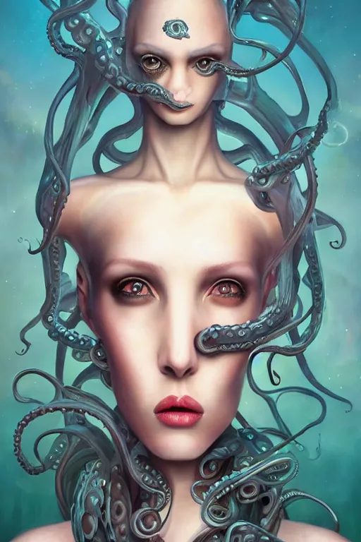 Image similar to portrait of an elegant alien octopus woman queen, straight on portrait, by artgerm, tom bagshaw, gerald brom, vaporwave colors, lo - fi colors, vaporwave, lo - fi, moody vibe, goth vibe, 4 k, hd,