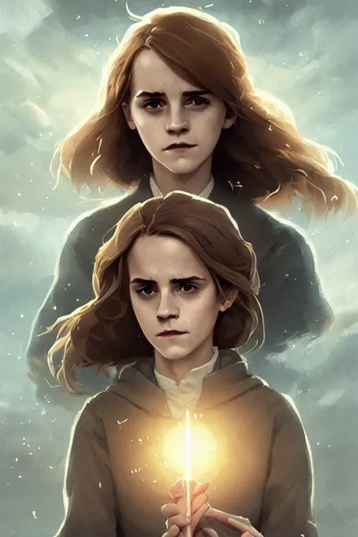 Image similar to Poster artwork, Emma Watson as Hermione Granger, wearing hogwarts robes, magnificent, medium close up, details, sharp focus, elegant, highly detailed, illustration, by Jordan Grimmer and greg rutkowski and PiNe(パイネ) and 薯子Imoko and 香川悠作 and wlop!!!! and maya takamura, intricate, beautiful, sunset!!!, Trending artstation, pixiv, digital Art