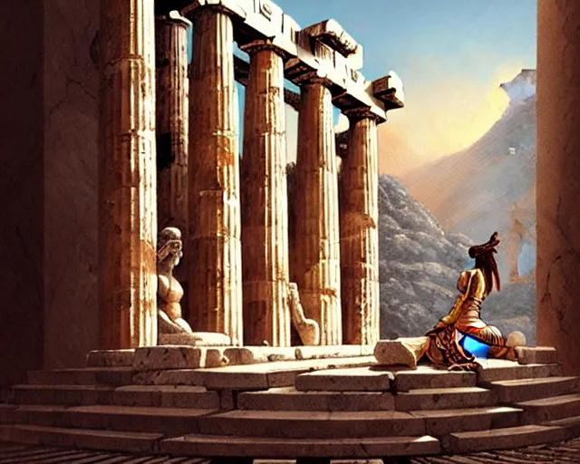 Image similar to Athena in the Athena Temple in Greece, highly detailed, intricate architecture, sharp focus, travel art by Artgerm and Greg Rutkowski and WLOP