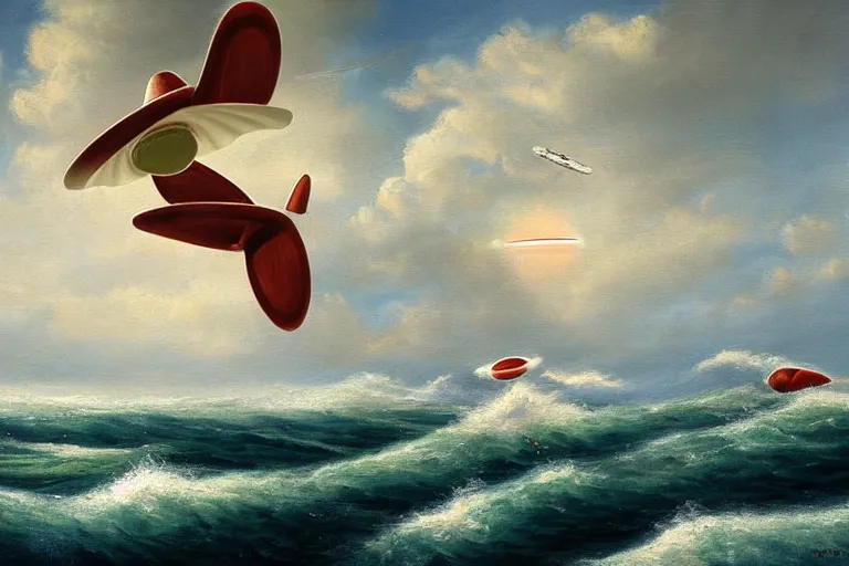 Image similar to two flying saucers battling over the ocean. high detailed oil painting. dramatic.