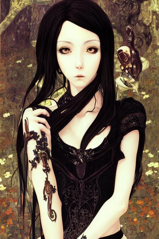 Image similar to portrait of beautiful young gothic anime maiden, cute-fine-face, pretty face, realistic shaded Perfect face, fine details. Anime, cyberpunk, Warhammer, highly detailed, artstation, illustration, art by Ilya Kuvshinov and ((Gustav Klimt))