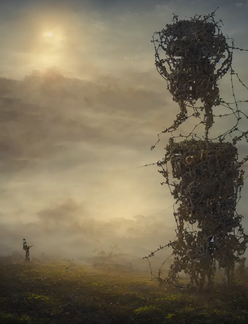 Image similar to a walking mechanical castle with legs, vines, pilar, hyperrealistic, highly detailed, cinematic, single ray of sun, fog, beautiful, cgssociety, artstation, 8 k, oil painting