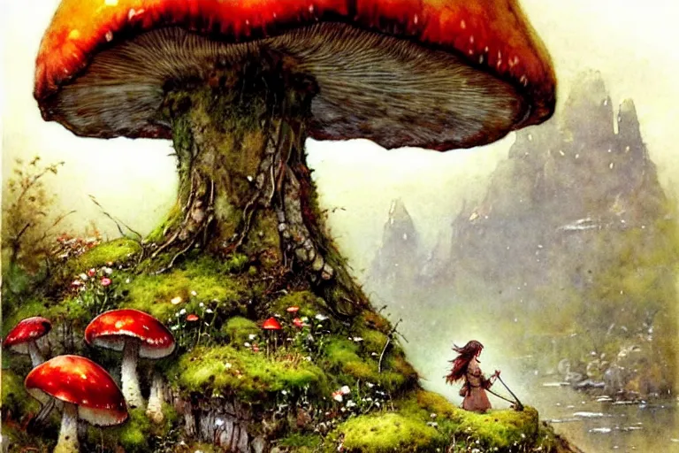Image similar to adventurer ( ( ( ( ( 1 9 5 0 s retro future forrest of giant mushrooms, moss and flowers stone bridge. muted colors. ) ) ) ) ) by jean baptiste monge!!!!!!!!!!!!!!!!!!!!!!!!! chrome red