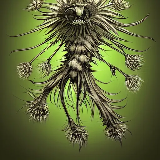 Image similar to A humanoid thistle monster, highly detailed, digital art, sharp focus, trending on art station, plant, dandelion, anime art style