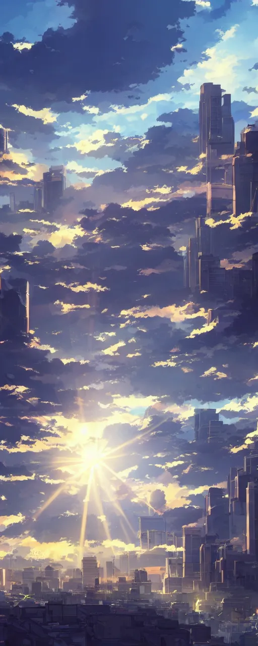 Prompt: Anime cityscape by Makoto Shinkai, concept art, sun shining through clouds, crepuscular rays, trending on art station, cel shading, 8k