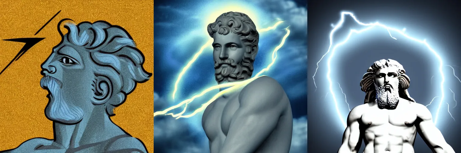 Prompt: A portrait of the greek god, zeus, hovering in the sky with lightning flashing around him, digital art