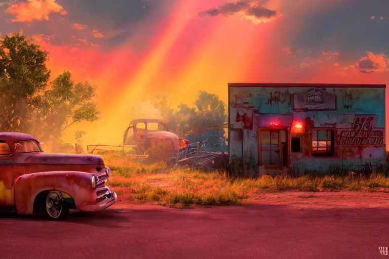 Image similar to a sunset light landscape with historical route 6 6, lots of sparkling details and sun ray ’ s, blinding backlight, smoke, volumetric lighting, colorful, octane, 3 5 mm, abandoned gas station, old rusty pickup - truck, beautiful epic colored reflections, very colorful heavenly, softlight