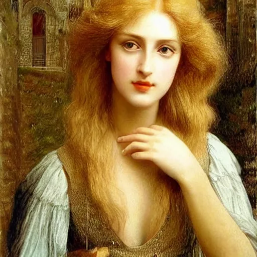 Image similar to The woman is very beautiful, she has a refined nose, plump lips, she is blonde Pre-Raphaelite style