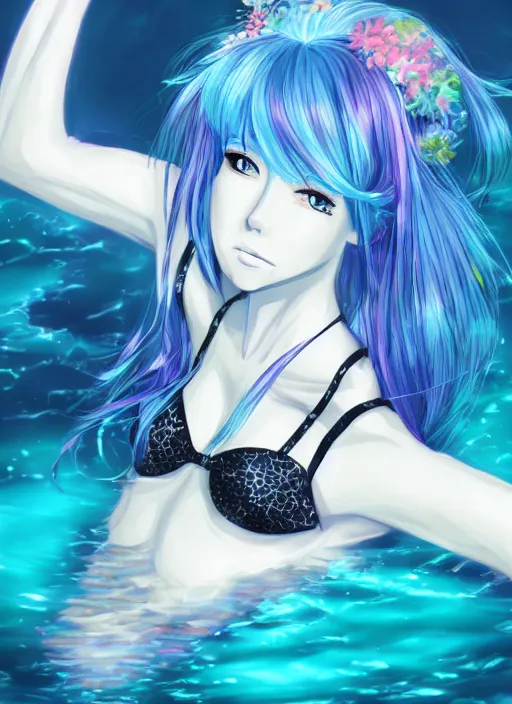 Image similar to a woman with blue hair sitting underwater, a beautiful anime drawing by yuumei, featured on pixiv, pixiv, seapunk, very anime anime!! detailed