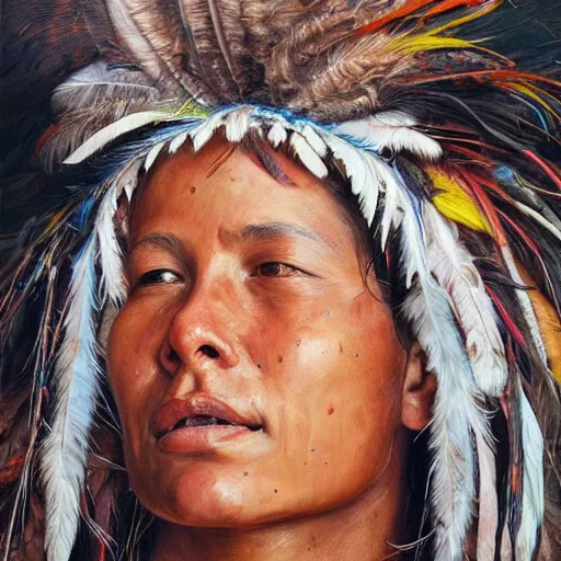 Image similar to high quality high detail painting by jenny saville, hd, a skinny beautiful indigenous woman tribe leader, hair in wind, many pretty feathers, photorealistic lighting