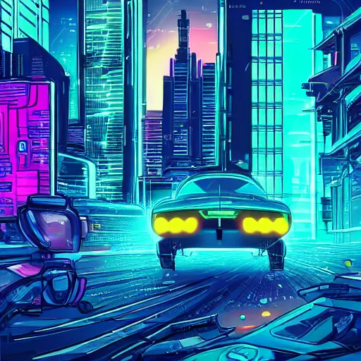 Prompt: a cyberpunk corgi in a futuristic city, flying cars, neon lights, synthwave, digital illustration