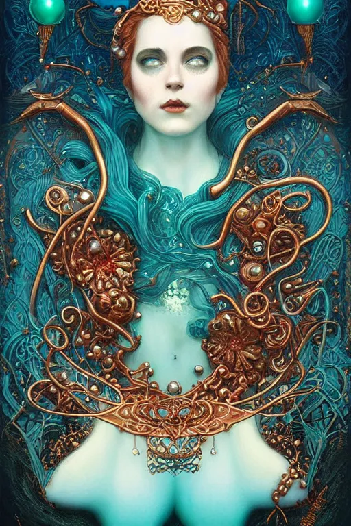 Image similar to Copper Crown with iridescent pearls and cyan jewels, other worldly, art nouveau, by Anato Finnstark, Tom Bagshaw, Brom