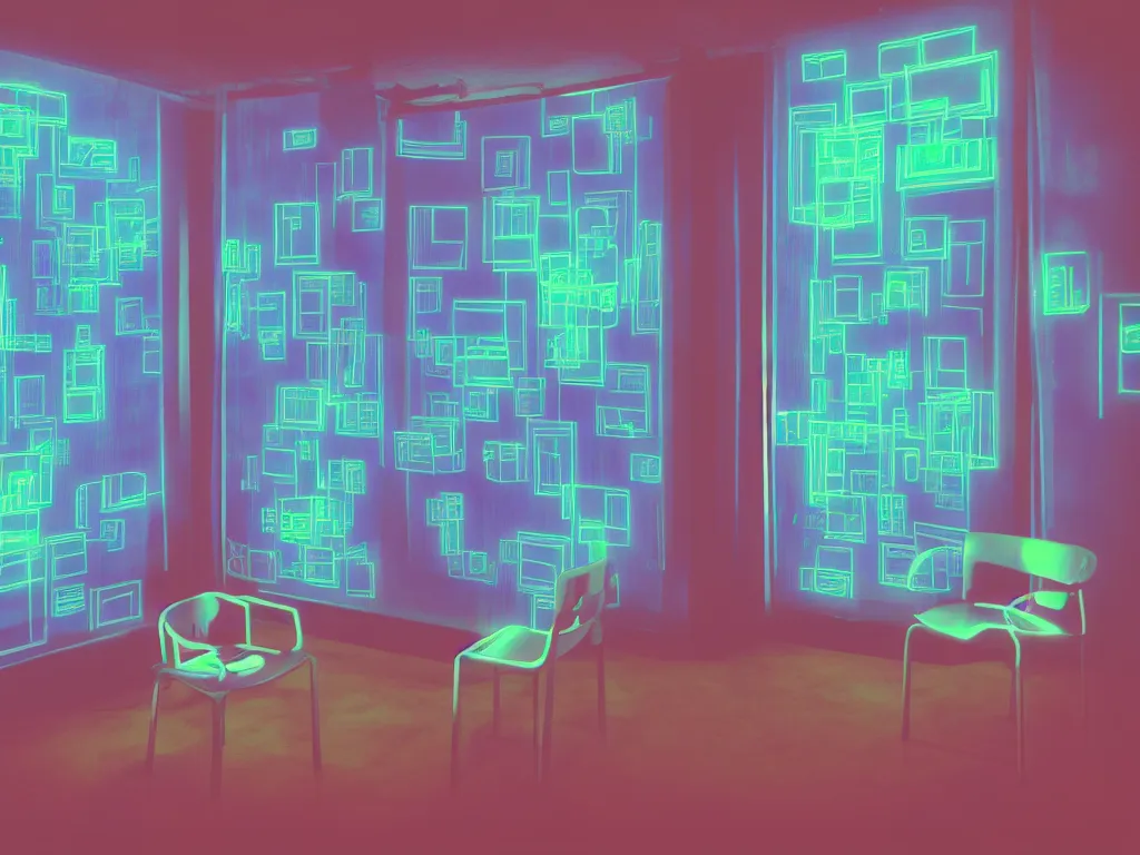 Image similar to room with overlaping screens projecting art, pixel perfect image, high contrast, volumetric lighting, tiny neon light, chair, user, pair of keys