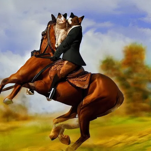Image similar to a cat riding on a horses back, photorealistic art, high definition