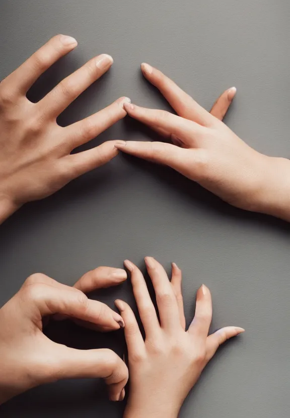 Image similar to a photo of one ultra detailed photorealistic woman's hand with palm up, back of hand on the table, palm pattern visible, instagram photo, studio photo, 9 0 mm, f / 1. 4