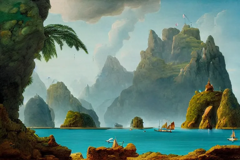 Image similar to A bizarre island landscape in the style of Dr. Seuss, boats, painting by Raphael Lacoste