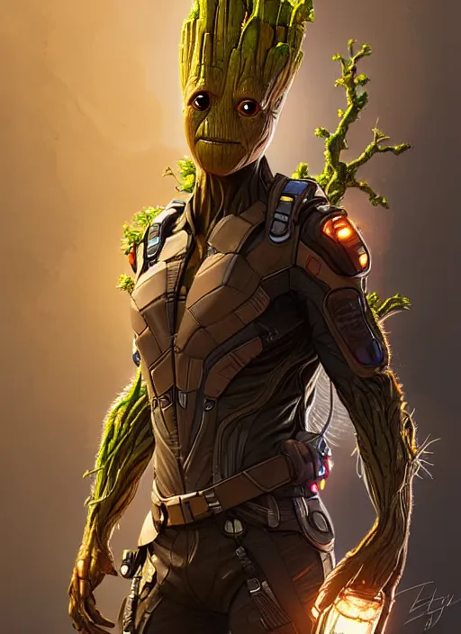 Image similar to portrait of apex legends groot, intricate, elegant, glowing lights, highly detailed, digital painting, artstation, glamor pose, concept art, smooth, sharp focus, illustration, art by artgerm and greg rutkowski, artey freytag