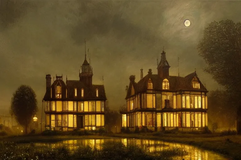 Prompt: a beautiful hyperrealistic painting of a british victorian house with a tower at night, very detailed by andrea kowch, and giovanni paolo paninni and samuel and joseph newsom