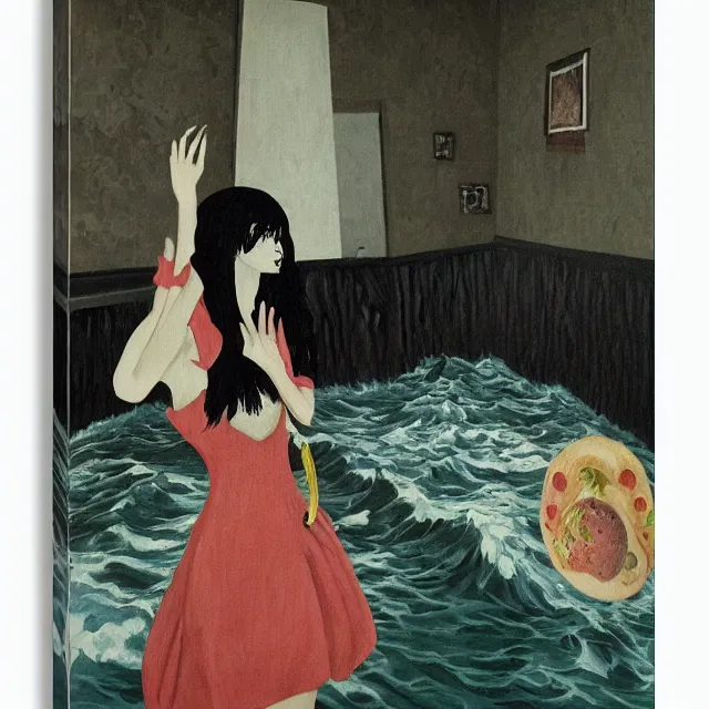 Image similar to tall female emo artist in her flooded kitchen, water gushing from ceiling, painting of flood waters inside an artist's home, a river flooding indoors, pomegranates, pigs, ikebana, zen, water, octopus, river, rapids, waterfall, black swans, canoe, berries, acrylic on canvas, surrealist, by magritte and monet