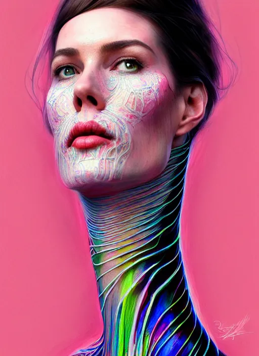 Prompt: portrait of catriona balfe as a long - neck woman with neck rings, hyper detailed ultra sharp trending on artstation, warpaint aesthetic, colorful, psychedelic, ornate, intricate, digital painting, concept art, smooth, sharp focus, illustration, art by artgerm and greg rutkowski and h. r. giger, 8 k