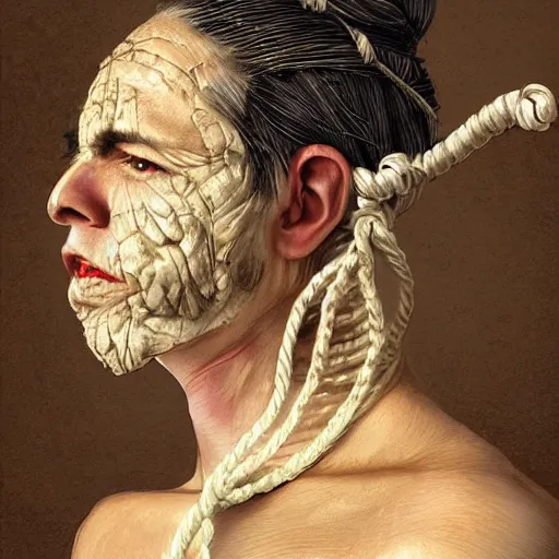 Image similar to portrait of a Shibari rope wrapped face and neck, headshot, insanely nice professional hair style, dramatic hair color, digital painting, of a old 17th century, old cyborg merchant, mouth wired shut, amber jewels, baroque, ornate clothing, scifi, realistic, hyper detailed, chiaroscuro, concept art, art by Franz Hals and Jon Foster and Ayami Kojima and Amano and Karol Bak,