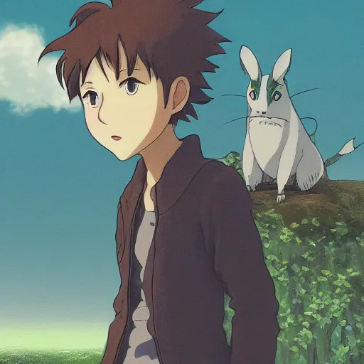 Image similar to friendly guy and small detailed animal , with Fragile looking character portrait face made in Studio Ghibli artstyle ,highly detailed art, beautiful scene, sharp focus, smooth, 8k, anime art, fantasy, style in ghibli anime style, fantasy, island,8k