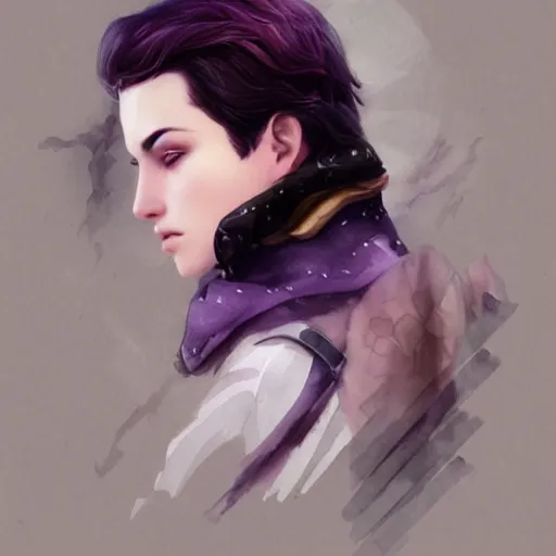 Image similar to young boy, black hair, purple eyes, gorgeous, amazing, feminine, elegant, intricate, highly detailed, watercolor, portrait, artstation, concept art, sharp focus, illustration, art by charlie bowater and Ross tran
