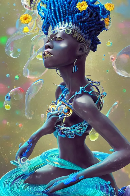 Image similar to epic 3 d yemaya, caring african goddess, liquid fish and flowers spinning, 2 0 mm, with cerulean and white foam, melting smoothly into asymmetrical bubbles and flowers, liquid, delicate, intricate, houdini sidefx, trending on artstation, by jeremy mann and ilya kuvshinov, jamie hewlett and ayami kojima