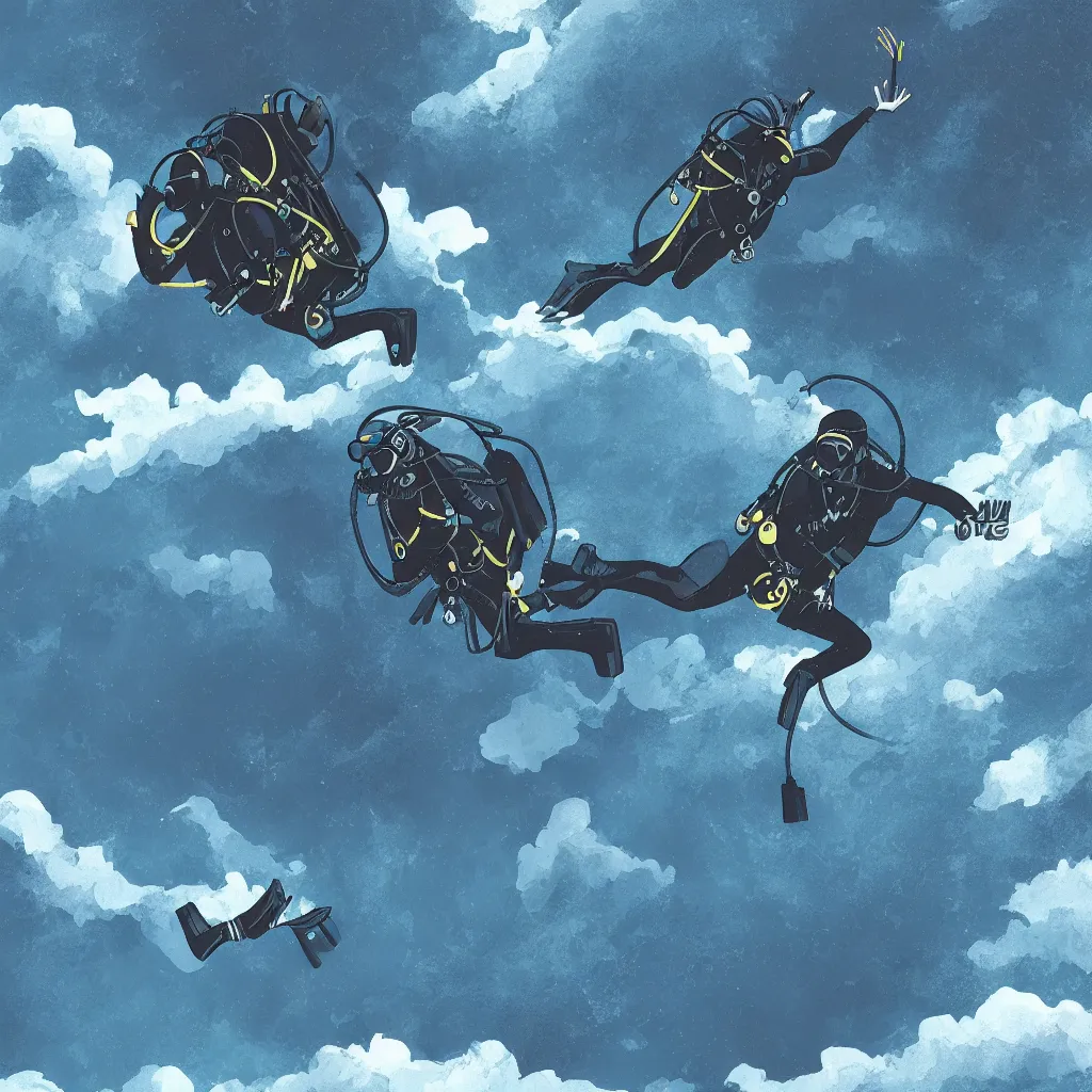 Image similar to a scubadiver floating above the clouds, digital illustration