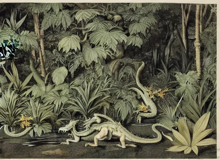 Image similar to dragons in a tropical forest, john james audubon, vintage botanical, intaglio