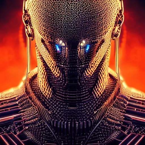 Image similar to an insanely detailed cibernetic artwork of a futuristic artificial intelligence superstar, extremely detailed water texture, centered image, perfectly symmetrical alien face, with frames made of detailed fractals, octane render, 4k, insanely detailed, detailed grid as background, photorealistic digital art, sunset colors, cgi