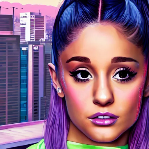 Prompt: ariana grande in gta v, cover art by stephen bliss, artstation, no text