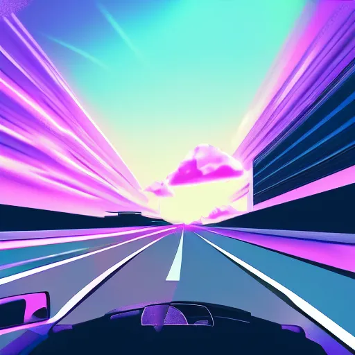 Prompt: driving down the highway, Vaporwave aesthetics