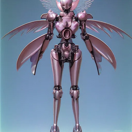 Prompt: pastel smooth metallic fleshy anime mecha robot girl with cape, angelic wings, glowing eyes. masamune shirow, zdislaw beksinski