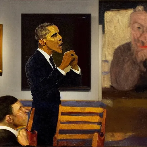 Prompt: obama shouting on skrik munch's painting, museum masterpiece, worth a lot, sothebys