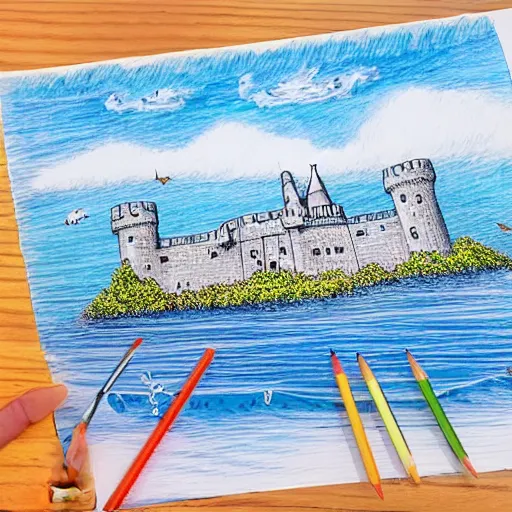 Prompt: a beautiful island, with a lake and a castle on it flying over the ocean, doodle, pencil art, ultra - wide angle