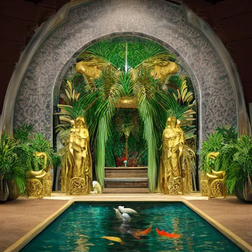 Prompt: cathedral interior with koi pond in the middle surrounded by palm trees, ivy, flowers, tropical plants, neon glow, gold lining, glossy gold statue, roses, and with archways. style leonardo + year 1 8 2 5, two men, rendered in octane render with photorealistic lighting