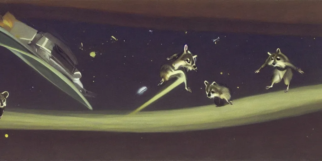 Image similar to raccoons flying across the galaxy, by francis bacon and edward hopper