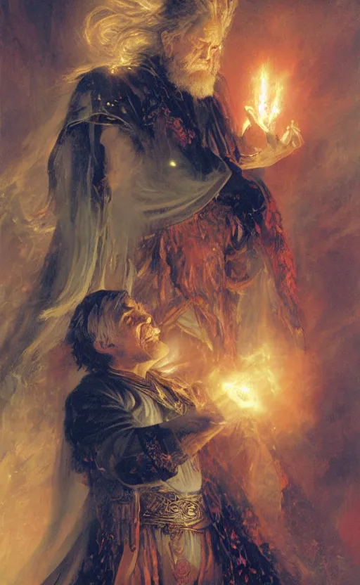 Prompt: Wizard casting a powerful spell by Adrian Smith and Delphin Enjolras and Daniel F. Gerhartz