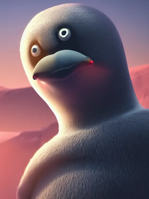 Image similar to portrait art of Pingu on mars, 8k, ultra realistic , lens flare, atmosphere, glow, detailed, intricate, full of colour, cinematic lighting, trending on artstation, 4k, hyperrealistic, focused, extreme details, unreal engine 5, cinematic, masterpiece