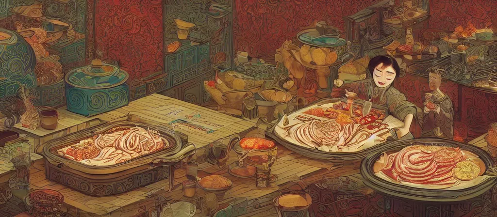 Image similar to a beautiful hyperdetailed 4 k hd wall paper illustration of roasted string hotpot, wallpaper design, simple style, marketing kebab hotpot wallpaper display, wall painting, from china, with merchant logo, simple structure, surrealistic, chinese style, victo ngai, james jean