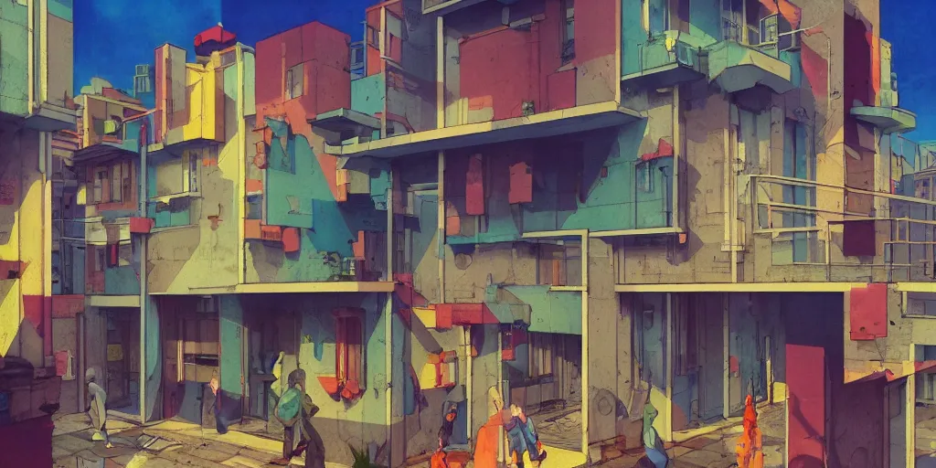 Image similar to neo brutralism, concrete housing, concept art, colorful, vivid colors, light, shadows, reflections, cinematic, 3D, in the style of Akihiko Yoshida and Edward Hopper