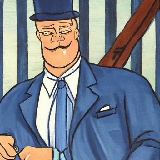 Prompt: A large man in a blue pinstripe suit with a cane stepping off of a cargo ship onto the docks, art, painting, villain